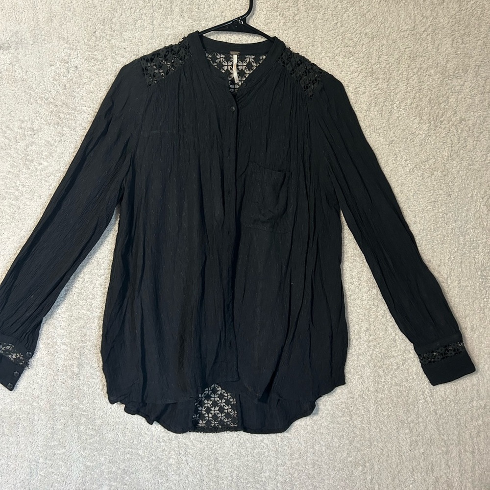 FREE PEOPLE The Best Button Down Shirt Long Sleeve Sheer Lace Black Womens XS